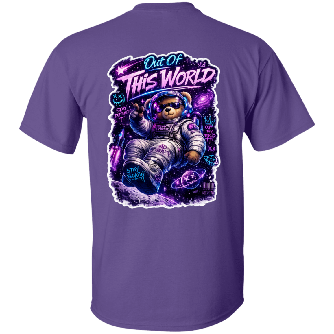 Purple t-shirt with a space-themed design of a bear in an astronaut suit on the back.