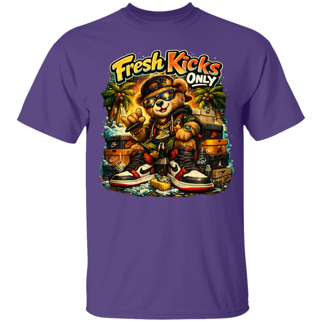 Purple t-shirt with a bear graphic and 'Fresh Kicks Only' text on a white background