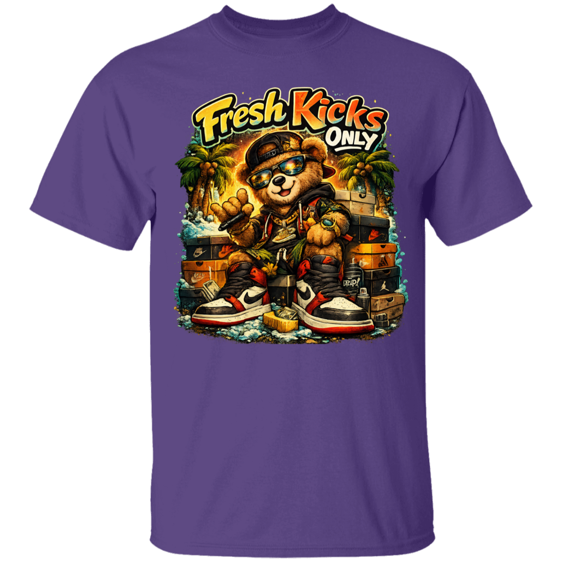 Purple t-shirt with a bear graphic and 'Fresh Kicks Only' text on a white background