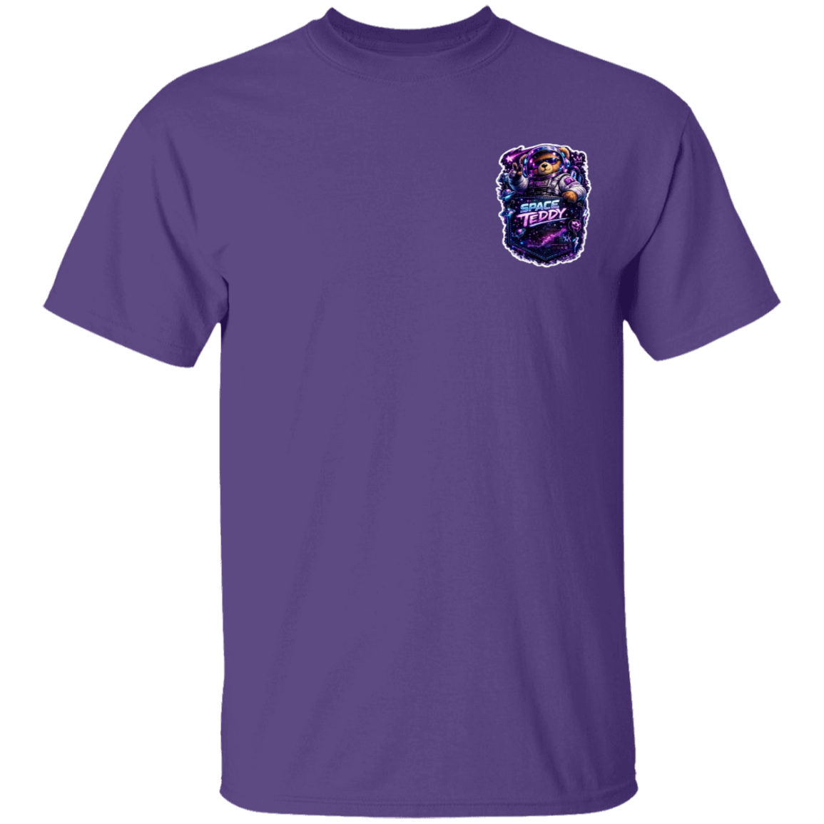 Purple t-shirt with a graphic design on the chest against a white background