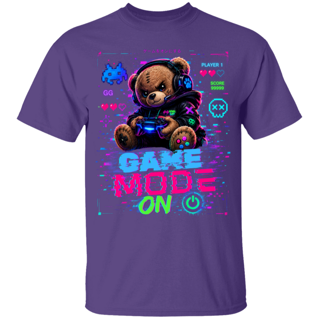 Purple t-shirt with a teddy bear gaming design on a white background