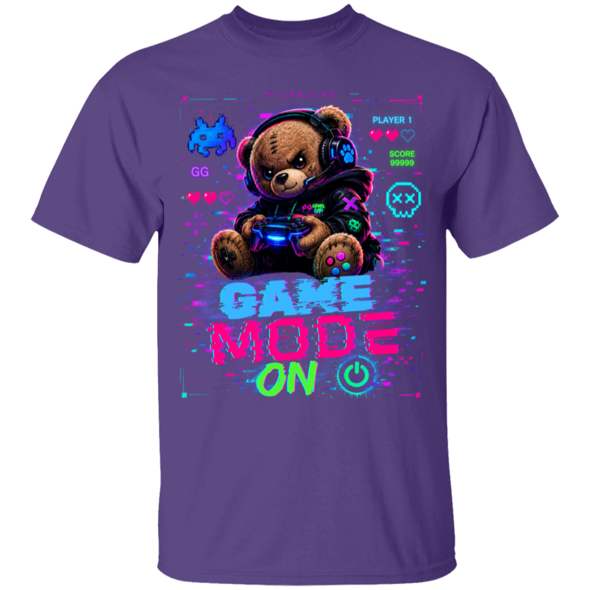 Purple t-shirt with a teddy bear gaming design on a white background