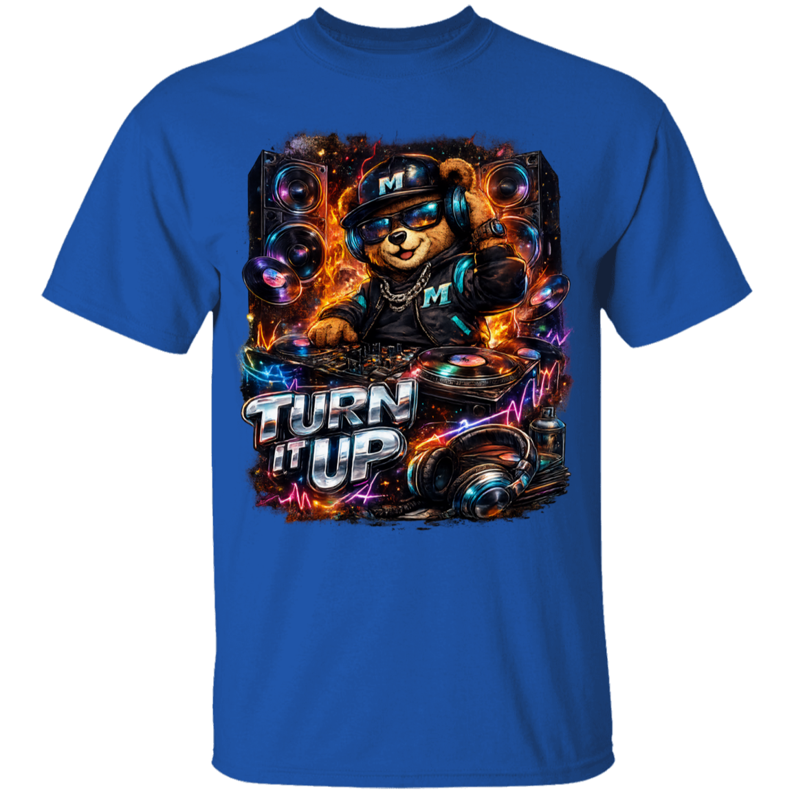 Royal t-shirt with a bear DJ graphic and 'Turn It Up' text on a white background