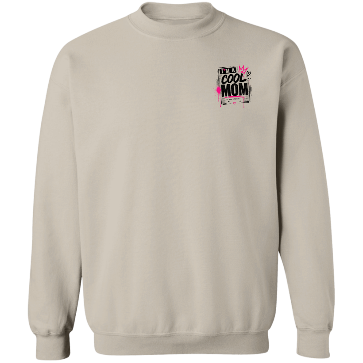 Person wearing a Sand sweatshirt with a graphic design Say's I'm A  Cool Mom on a city street.