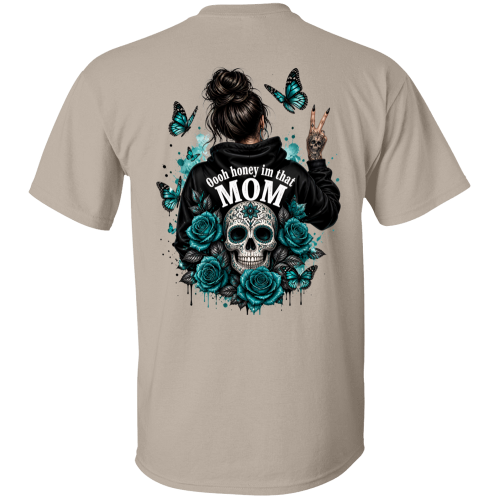 Sand t-shirt with a graphic design on the back featuring a skull, roses, and text.