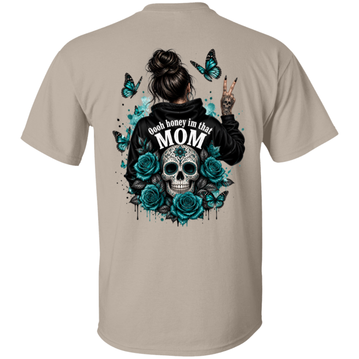 Sand t-shirt with a graphic design on the back featuring a skull, roses, and text.