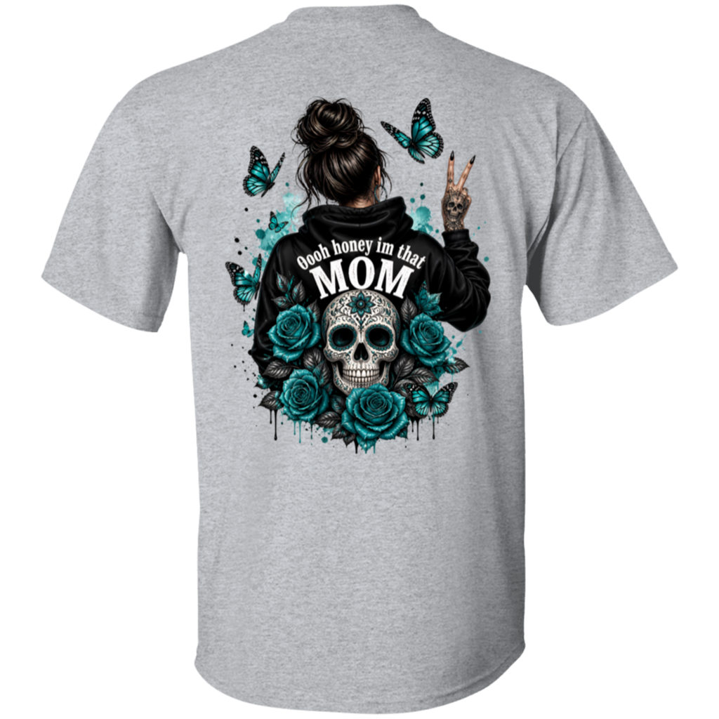 Sport Grey t-shirt with a graphic design on the back featuring a skull, roses, and text.