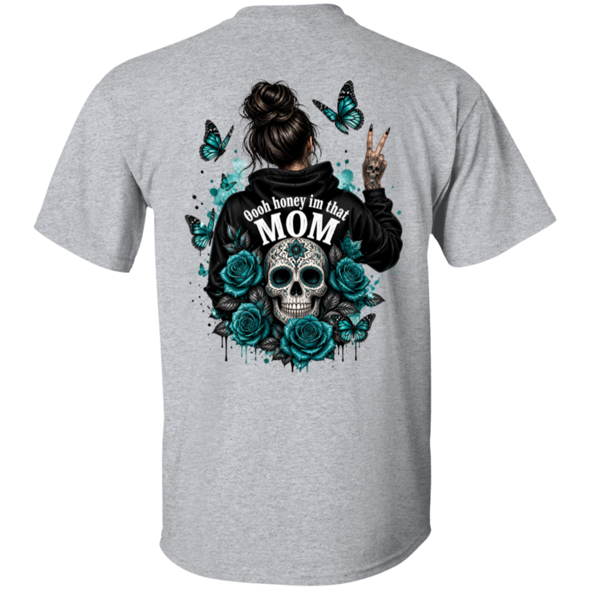 Sport Grey t-shirt with a graphic design on the back featuring a skull, roses, and text.