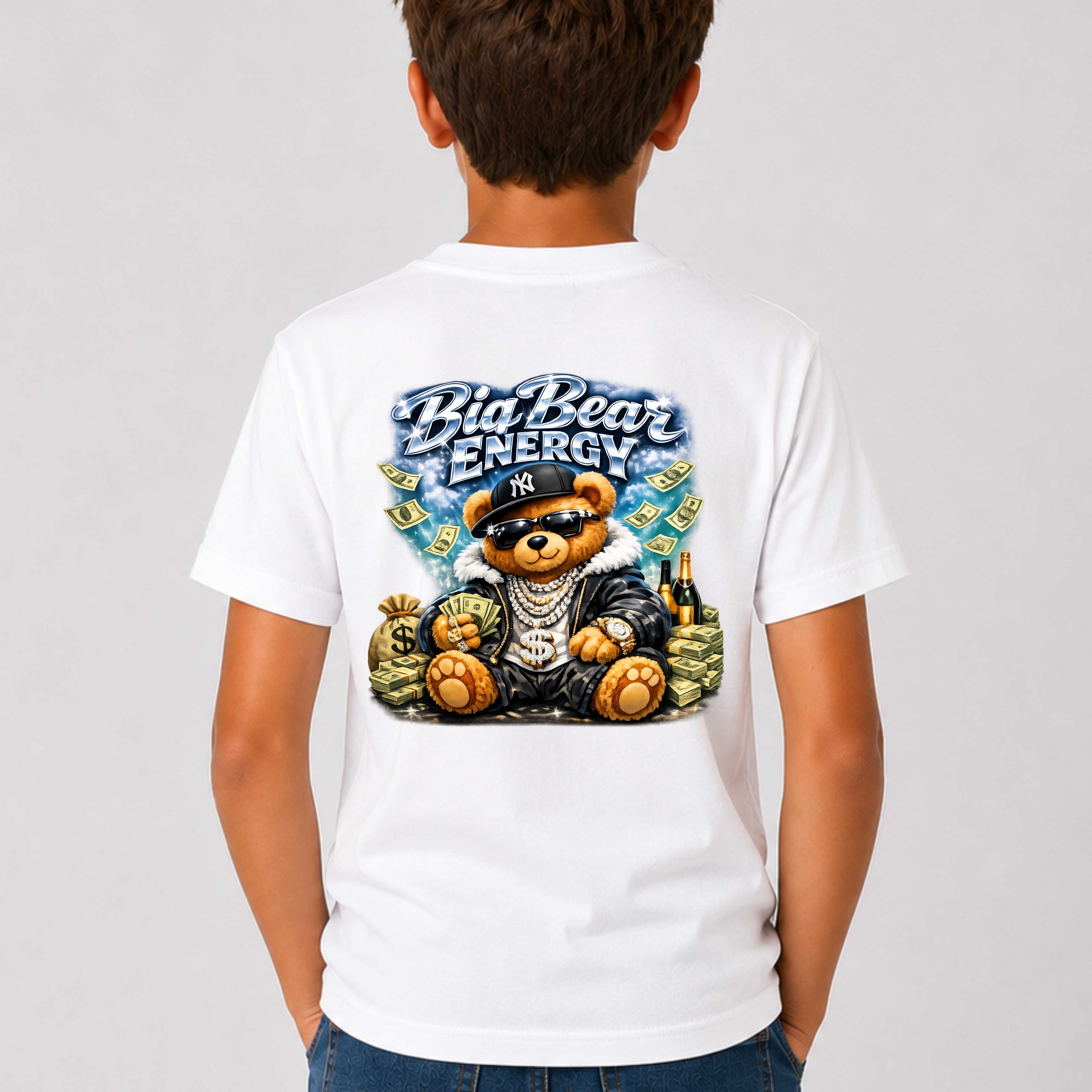 Person wearing a white t-shirt with a bear graphic and 'Big Bear Energy' text on the back.