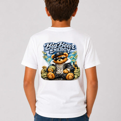 Person wearing a white t-shirt with a bear graphic and 'Big Bear Energy' text on the back.