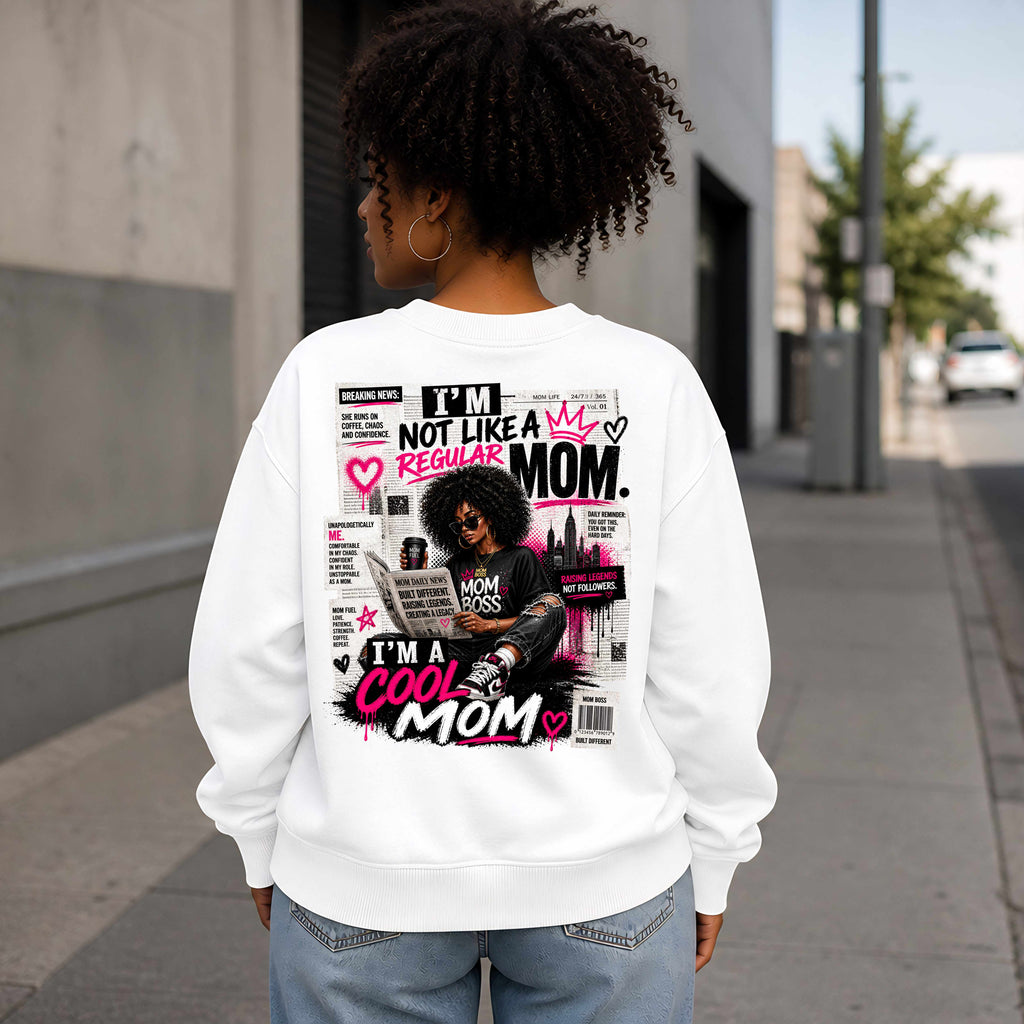 White sweatshirt with graphic design on the back featuring text and a stylized illustration of a woman.