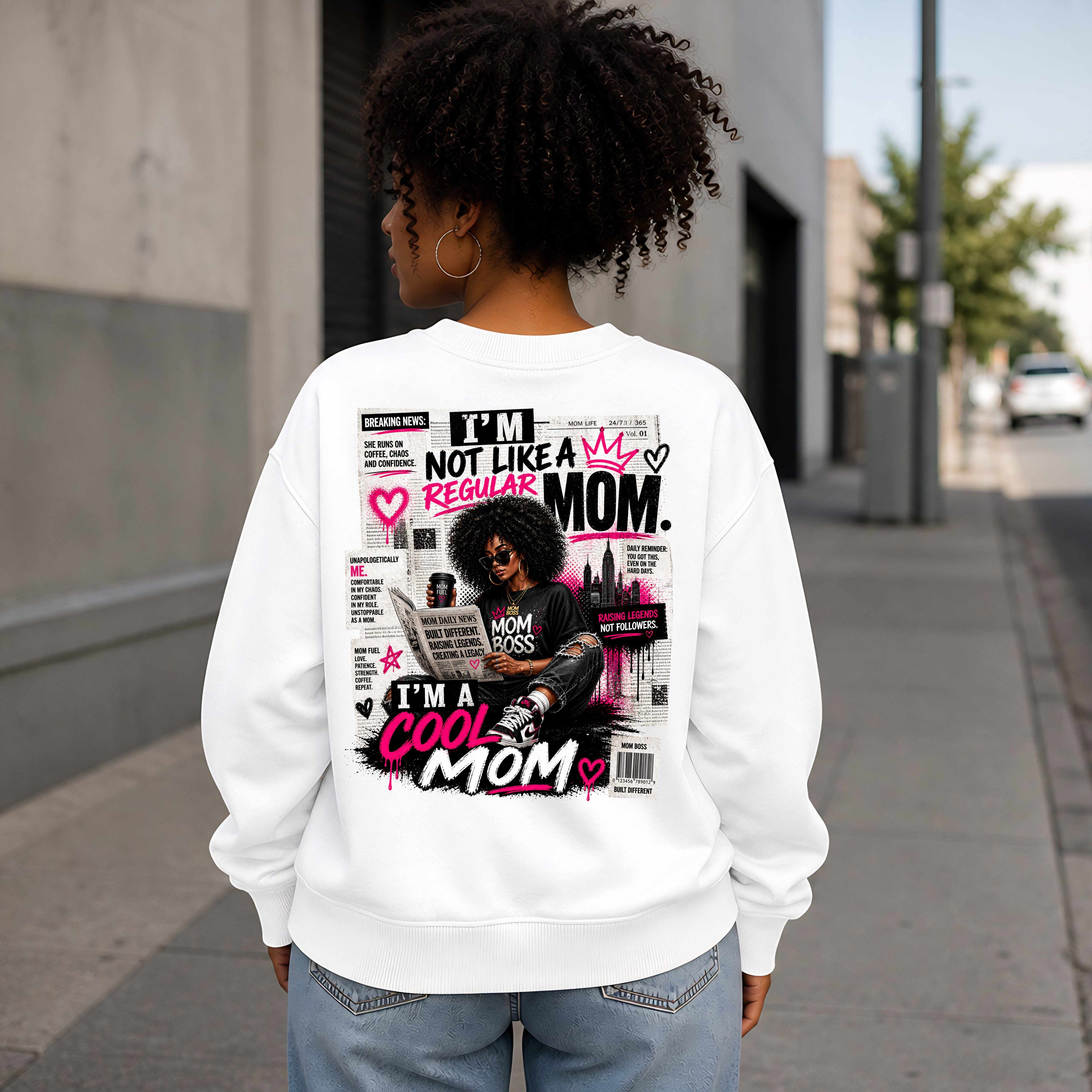 White sweatshirt with graphic design on the back featuring text and a stylized illustration of a woman.