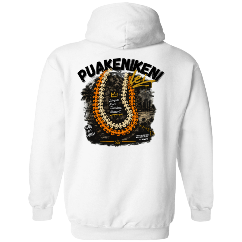 Person wearing a White hoodie with 'PUAKENIKENI' design with a Background of Waikiki  on a beach at sunset