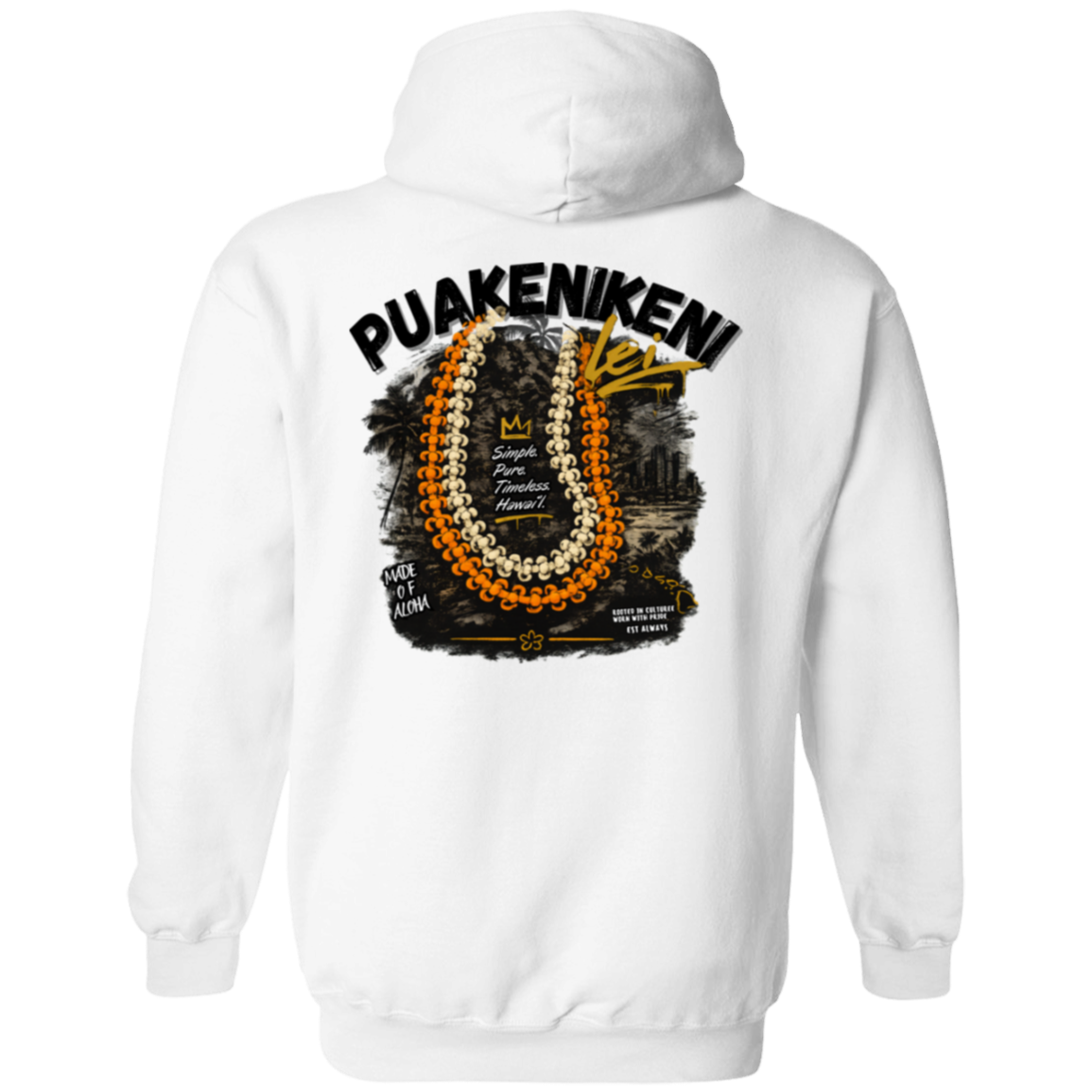 Person wearing a White hoodie with 'PUAKENIKENI' design with a Background of Waikiki  on a beach at sunset