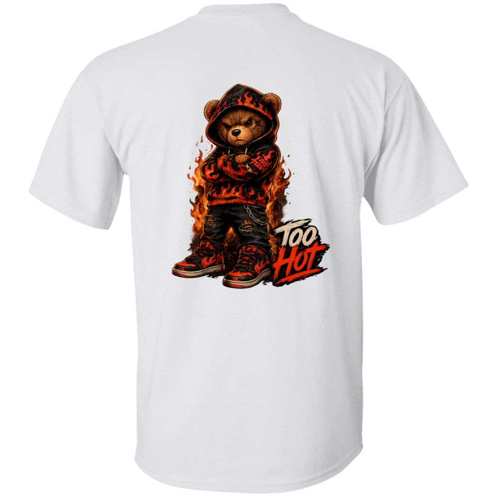White t-shirt with a bear graphic and 'Too Hot' text on the back