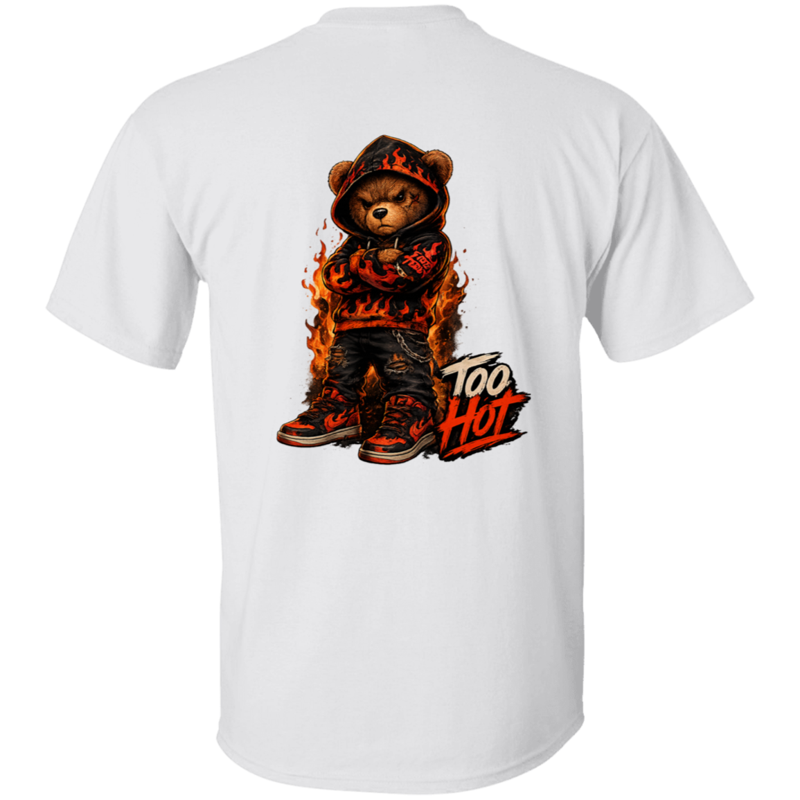 White t-shirt with a bear graphic and 'Too Hot' text on the back