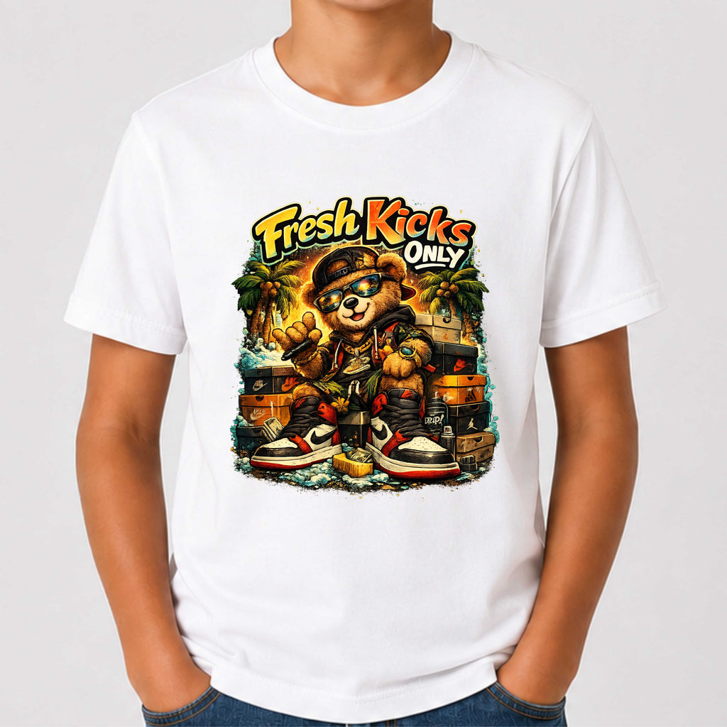 White t-shirt with a bear graphic and 'Fresh Kicks Only' text on a plain background