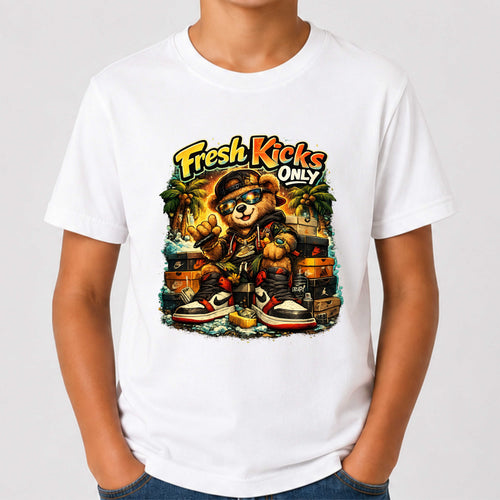 White t-shirt with a bear graphic and 'Fresh Kicks Only' text on a plain background