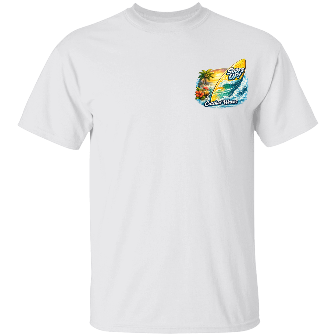 White t-shirt with a colorful graphic on a white background