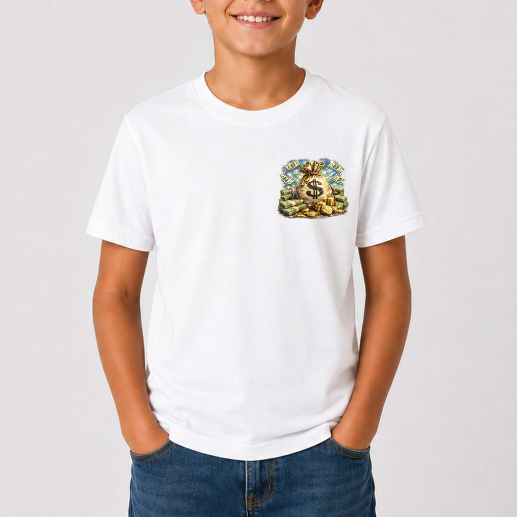 Person wearing a white t-shirt with a colorful graphic design on a plain background