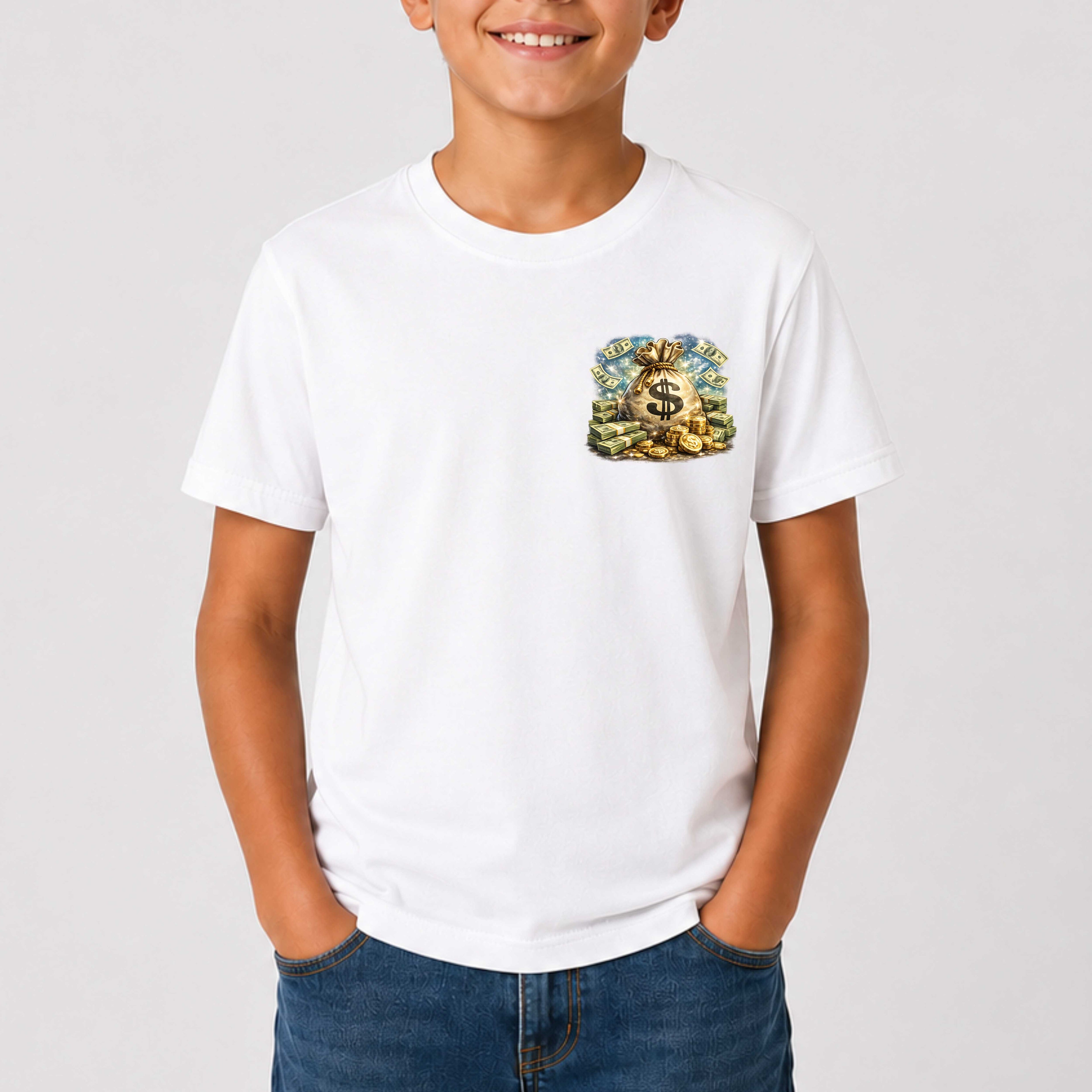 Person wearing a white t-shirt with a colorful graphic design on a plain background