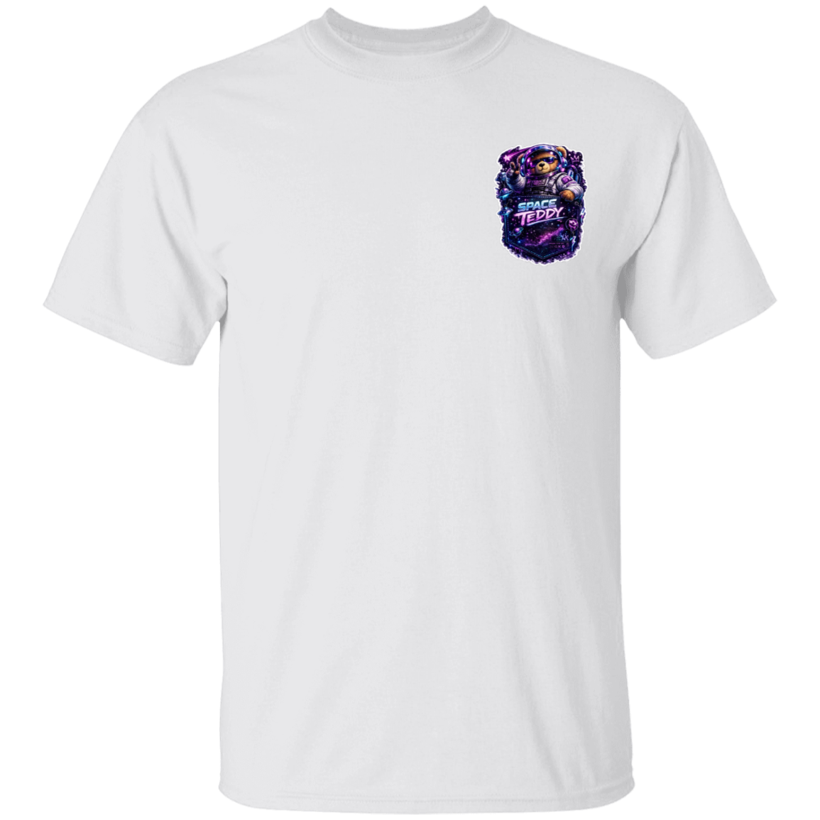 White t-shirt with a colorful graphic on the chest against a white background