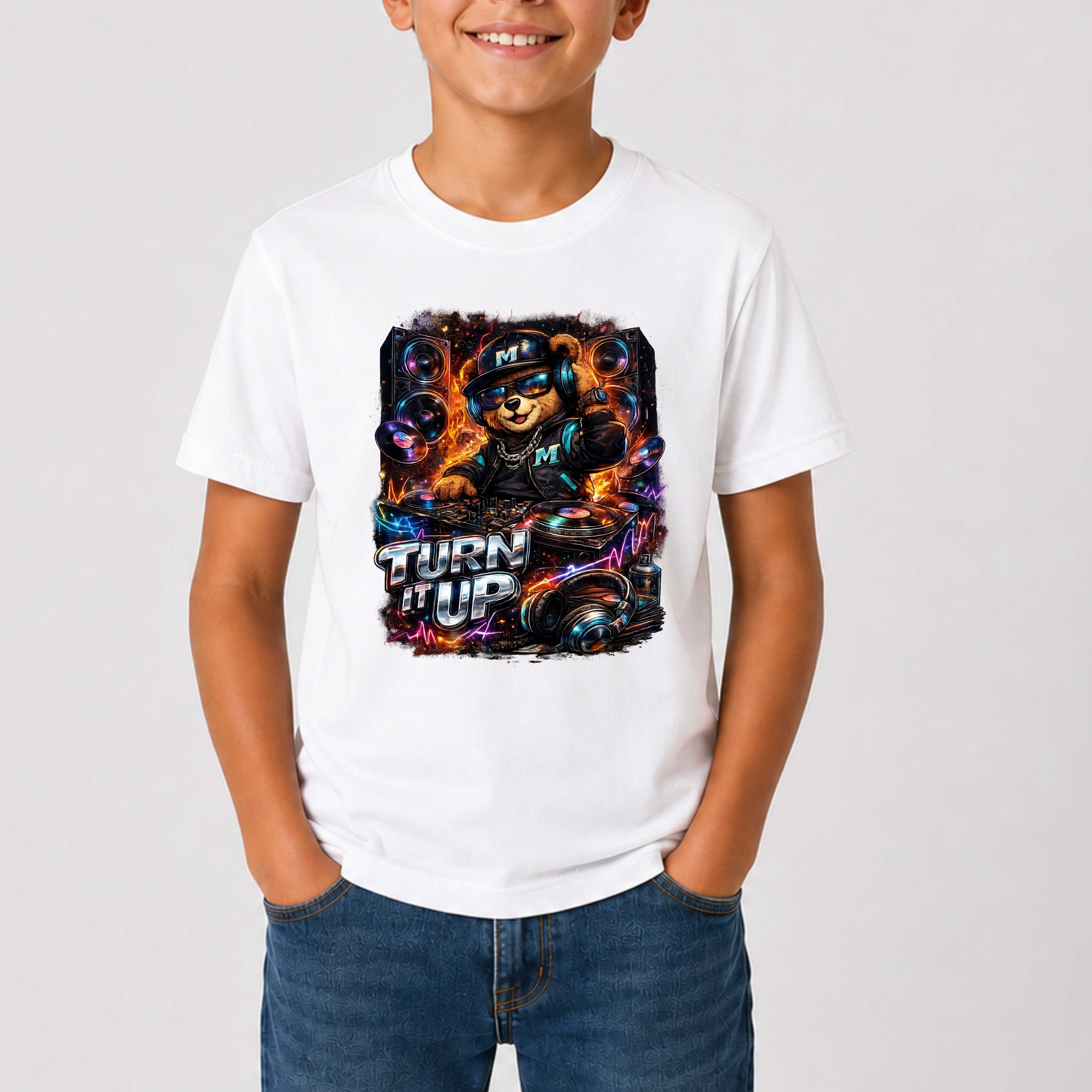 Child wearing a white t-shirt with a colorful graphic design and text on a plain background