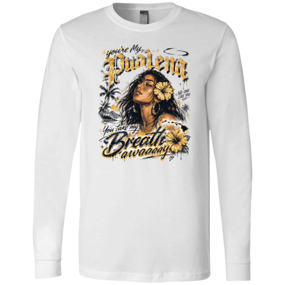 White long-sleeve shirt with a graphic design featuring a woman, flowers, and text on a white background.