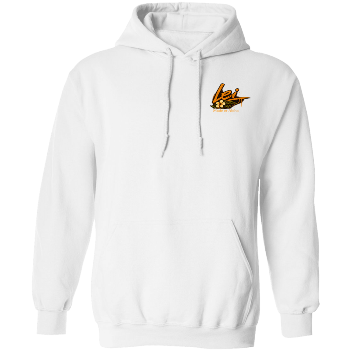 White hoodie with a logo on the chest against a white background