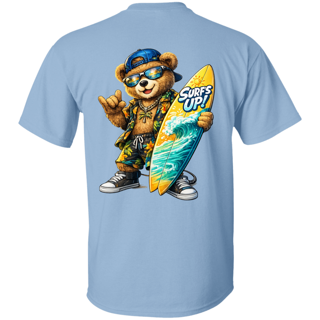Light blue t-shirt with a bear holding a surfboard graphic on the back