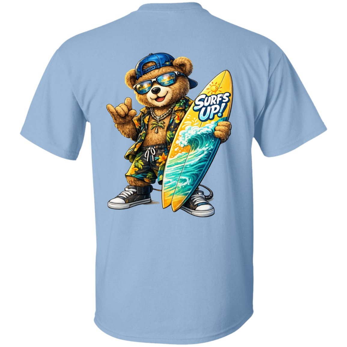 Light blue t-shirt with a bear holding a surfboard graphic on the back