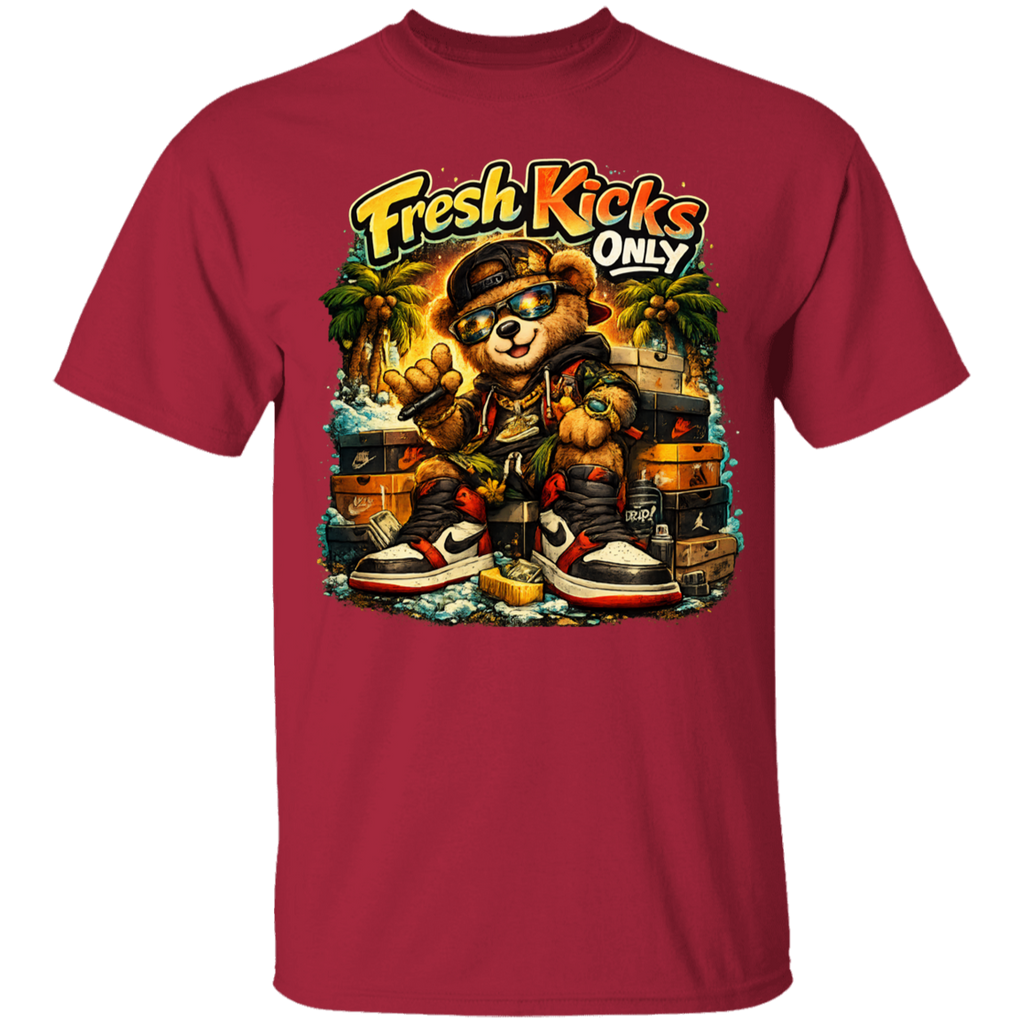 Cardinal t-shirt with a bear graphic and 'Fresh Kicks Only' text on a white background