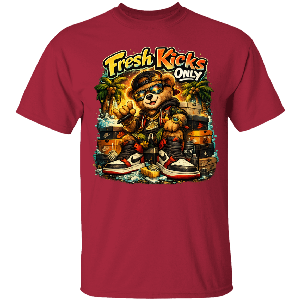 Cardinal t-shirt with a bear graphic and 'Fresh Kicks Only' text on a white background