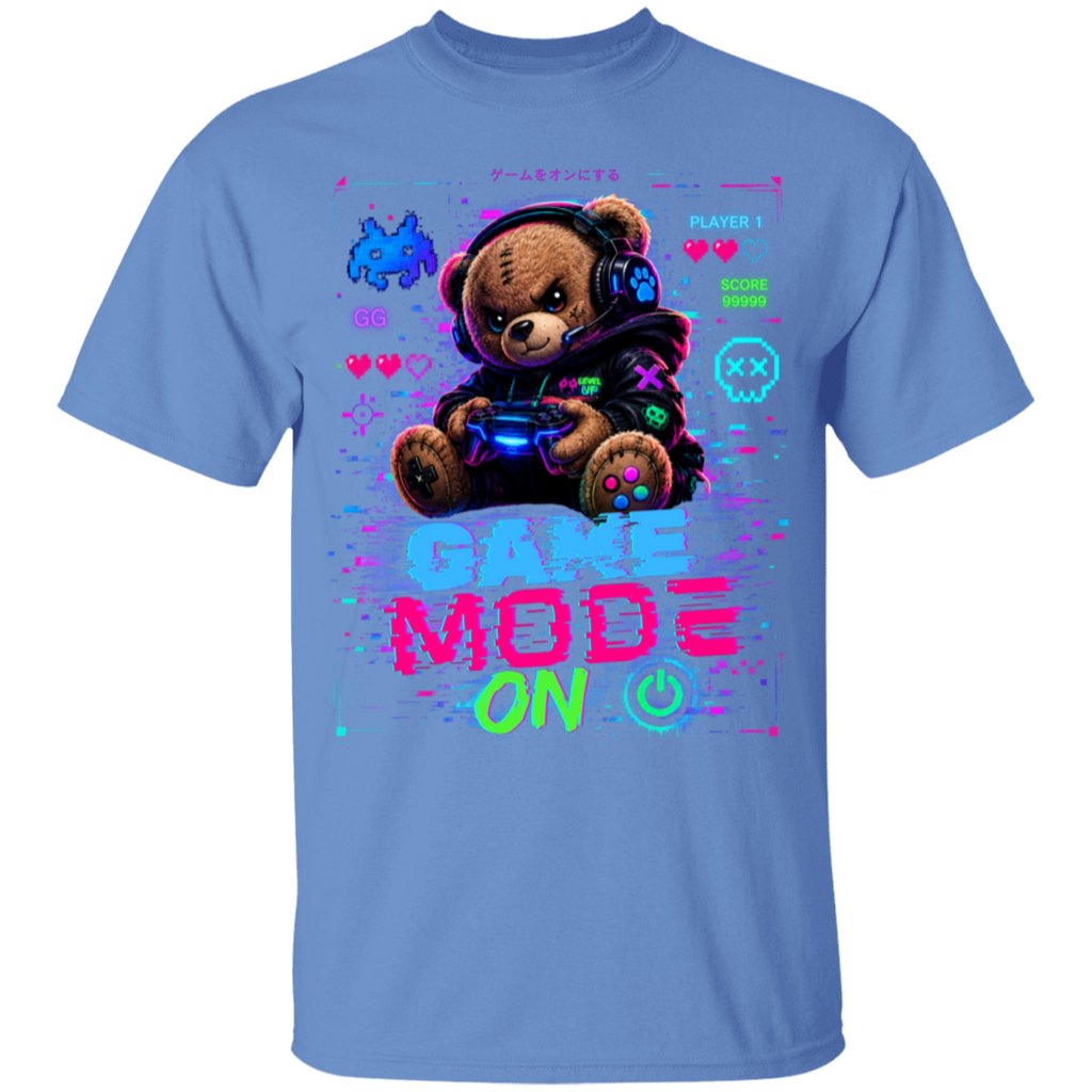 Blue t-shirt with a teddy bear gaming design and 'Game Mode On' text on a white background