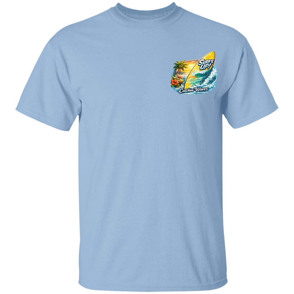 Light blue t-shirt with a colorful graphic on the chest against a white background