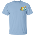 Light blue t-shirt with a colorful graphic on the chest against a white background