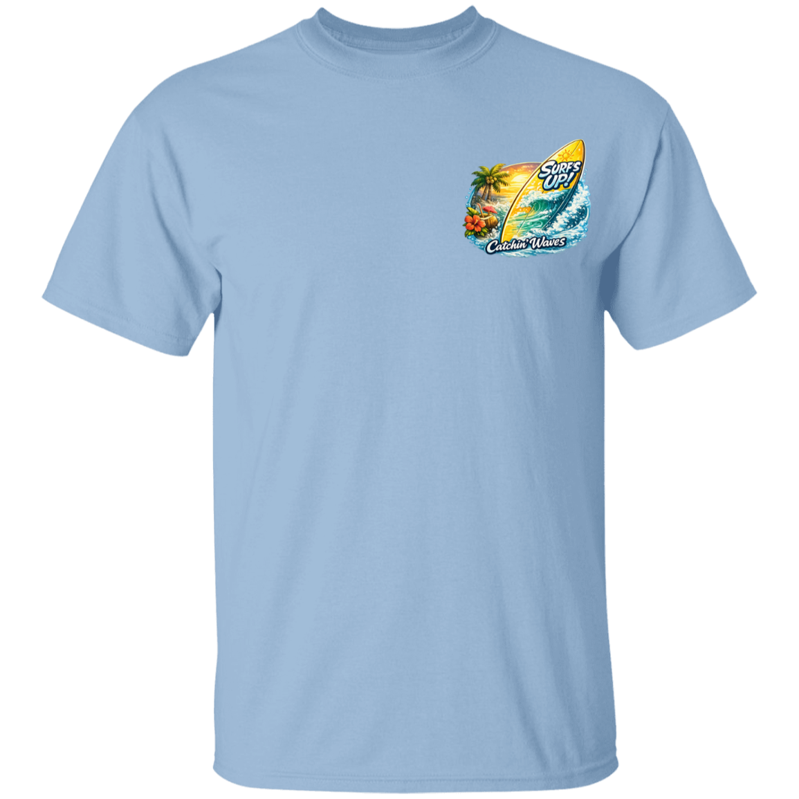 Light blue t-shirt with a colorful graphic on the chest against a white background