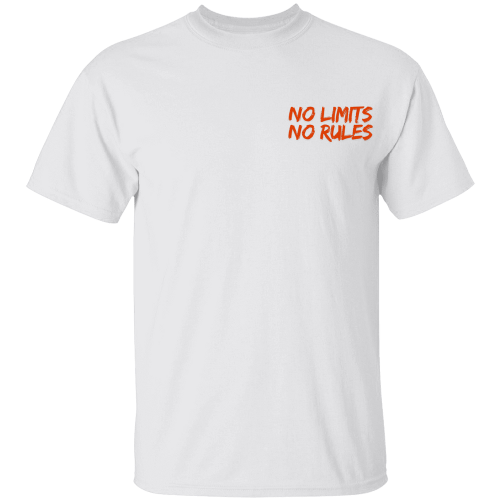 Gray t-shirt with red and black text on a white background
