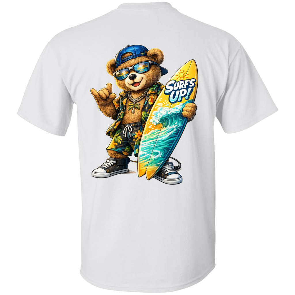White t-shirt with a bear holding a surfboard graphic on the back
