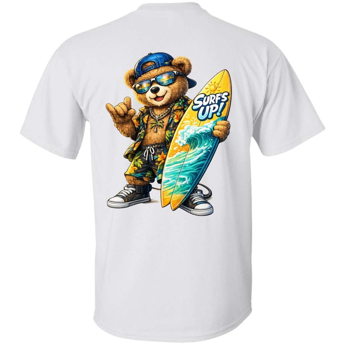 White t-shirt with a bear holding a surfboard graphic on the back